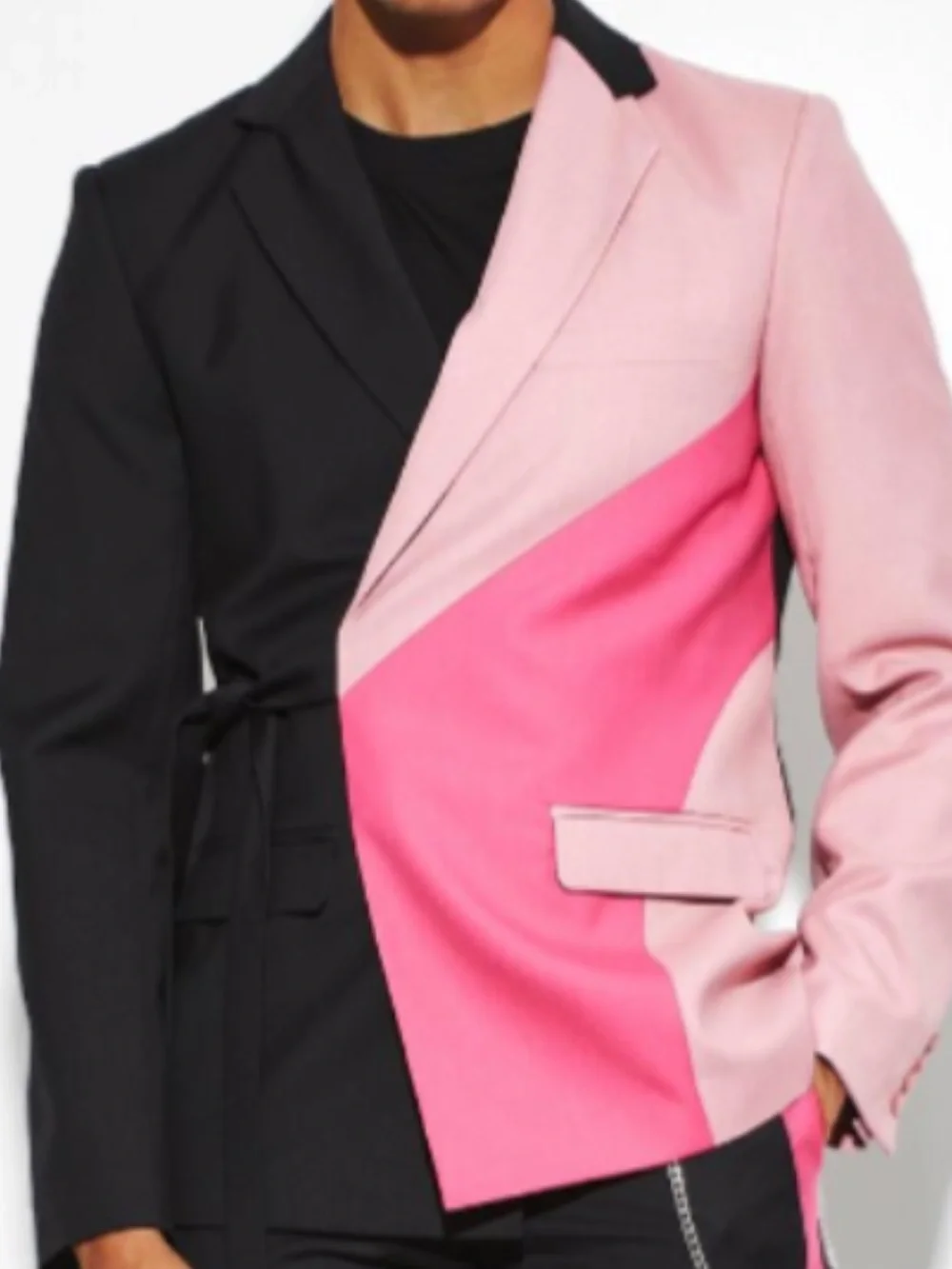 Boohoo Man Blazer Colorblock 2 Tone Pink & Black Belted Jacket Sz 40 Bold Modern